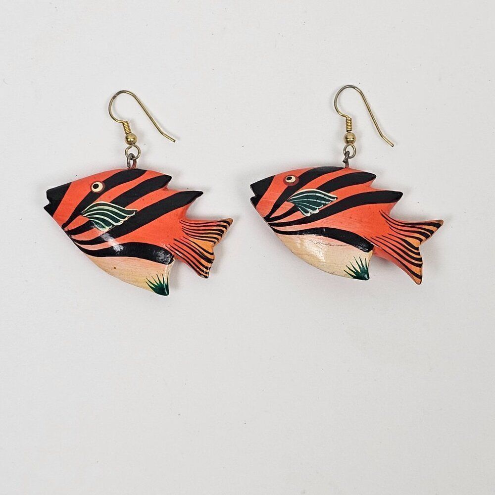 Vintage Fish Hand Painted Orange Wood Dangle Hook Pierced Tropical Boho Earrings - Picture 3 of 9